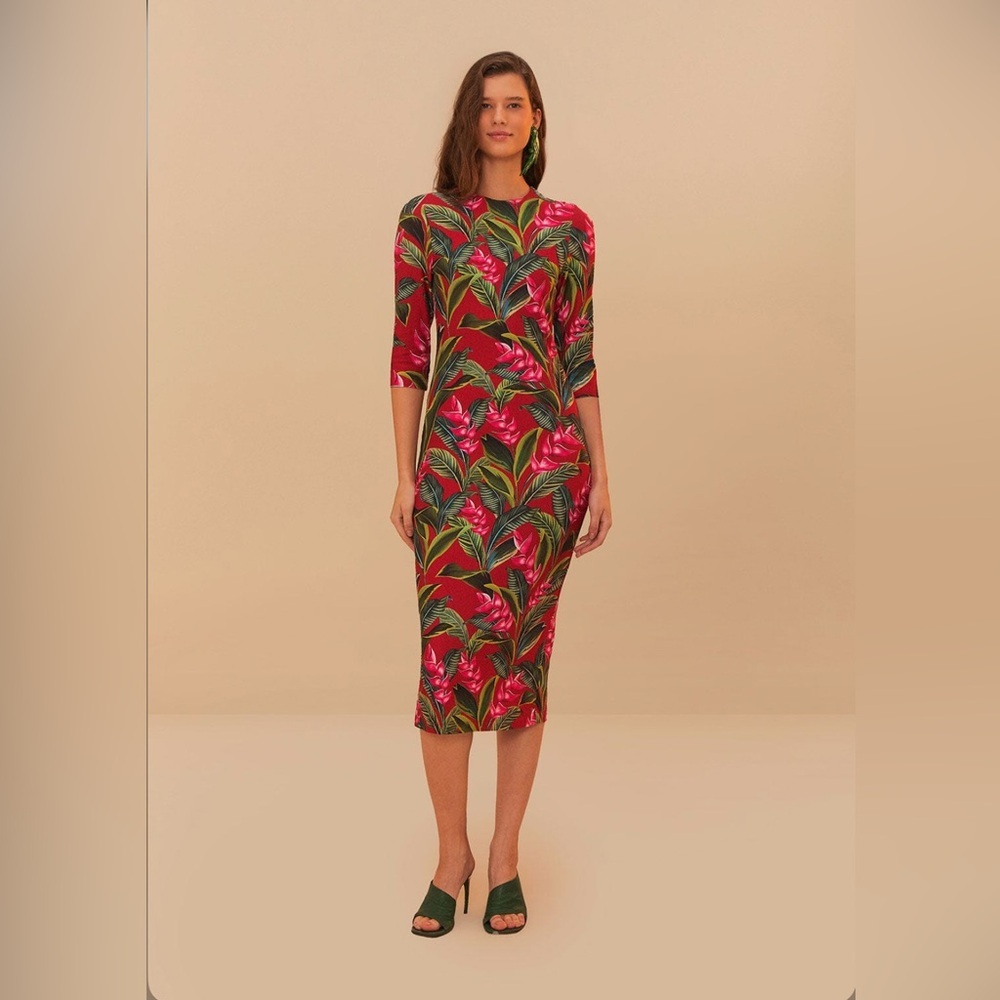 Farm Rio Red Dream Garden Jersey Midi Dress